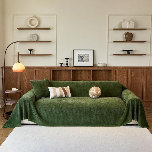 VClife Vintage Olive Green Striped Couch Cover with Tassel, 71" X 134" | Soft Thick Chenille Couch Covers for 3 Cushion Couch Sofa, Washable Sofa Covers for Sectional Sofa, Fade & Shrink Resistant by VCLIFE