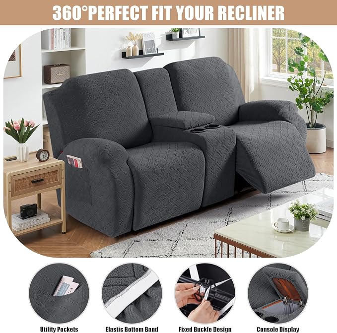 VANSOFY Recliner Loveseat Cover with Middle Console Stretch Reclining Sofa Slipcover for 2 Seat Jacquard Reclining Couch Sofa Covers Furniture Protector with Elastic Straps Bottom (Black Gray) | 4-Pieces, Soft Furniture Protector, Washable Slipcover wi... - Image 5
