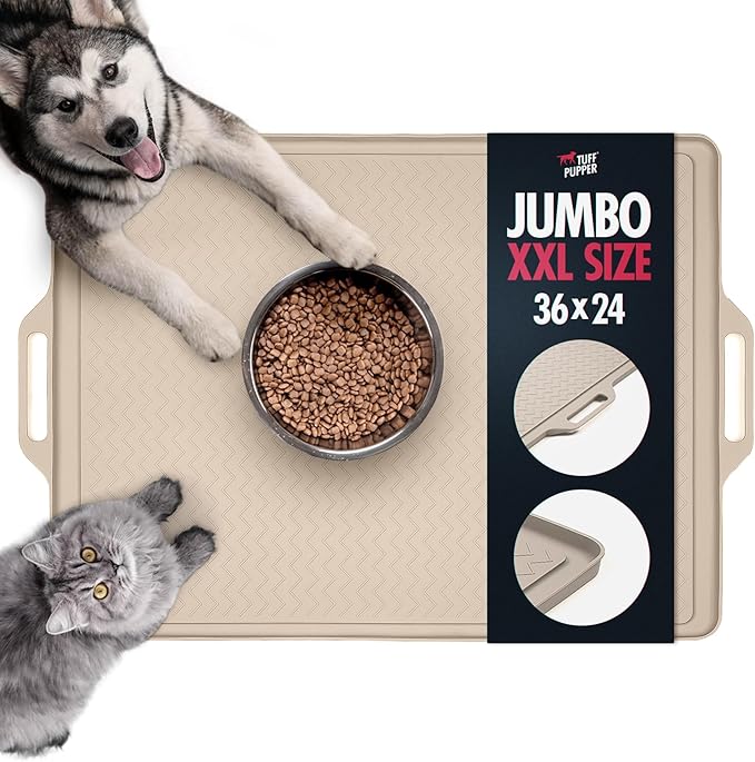 Tuff Pupper 36x24 XXL Dog Feeding Mat for Food and Water | Dog Food Mats for Floors | Waterproof Dogs Water Bowl Mats | Dogs Placemats Pet Food-Mat | Silicone Feeding Mat for Cats and Cat Bowls by TuffPupper