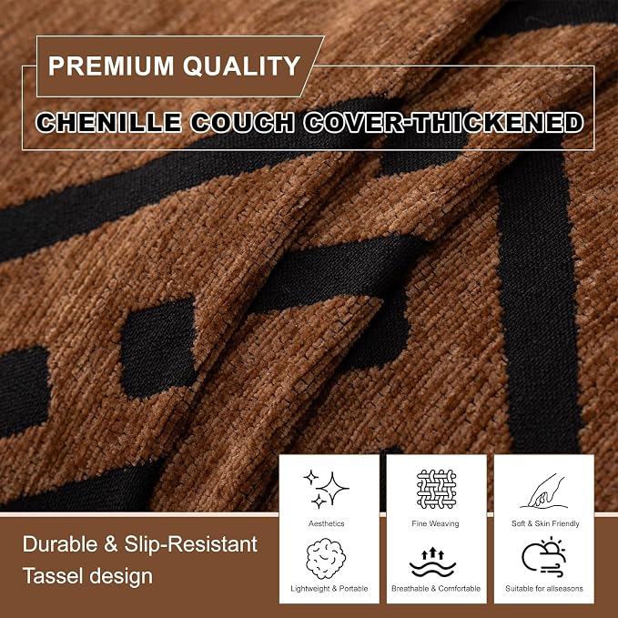 ROOMLIFE Dark Brown Couch Cover 3 Cushion Sofa, Washable Non Slip Furniture Sofa Protector Cover, Soft Chenille Sofa Slipcovers Sectional L Shape Dogs Couch Cover Throw Blanket with Tassels71''X150'' - Image 3