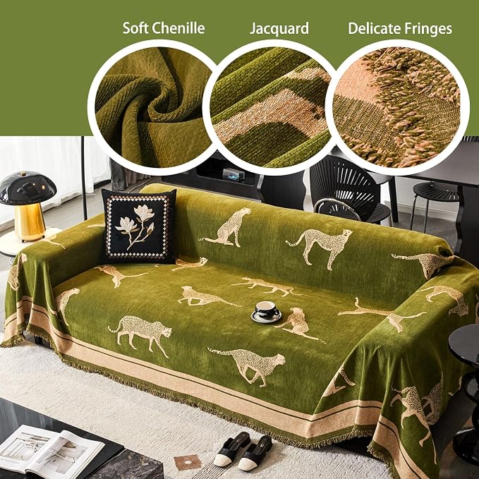 Chenille Sofa Cover with Tassels, Non-Slip Couch Cover for 3/4 Seat Sofas, Washable Furniture Protector for Pets & Kids, Modern Leopard Pattern Chenille Blanket - Image 6
