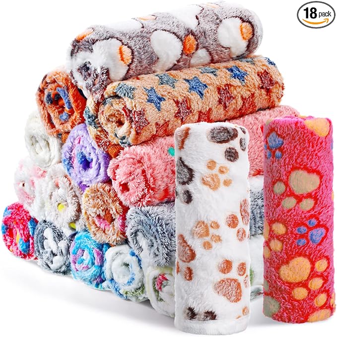 Chumia 18 Pcs Fleece Puppy Blanket Bulk, Soft Warm Pet Blanket with Paw Bone Star Elephant Dot Heart Printed Fluffy Throw Bed Mat for Small Medium Dog Cat Kitten Animals(23 x 16 Inch, Sweet) by Chumia