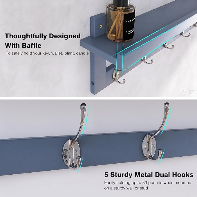 SMIBUY Coat Hooks with Shelf Wall-Mounted, 29.2 Inch Entryway Coat Rack for Wall, Bamboo Hanging Shelf with 5 Double Metal Hooks for Bathroom, Bedroom, Kitchen, Living Room, Mudroom (Grey) - Image 5