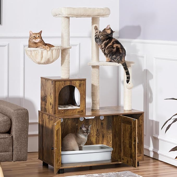 Yaheetech All-in-one Litter Box Enclosure with Cat Tree, Rustic Brown/Beige | Odor-control wooden litter box furniture w/ventilation holes, plush top perch, condo & scratching posts, easy-wipe surfaces - Image 2