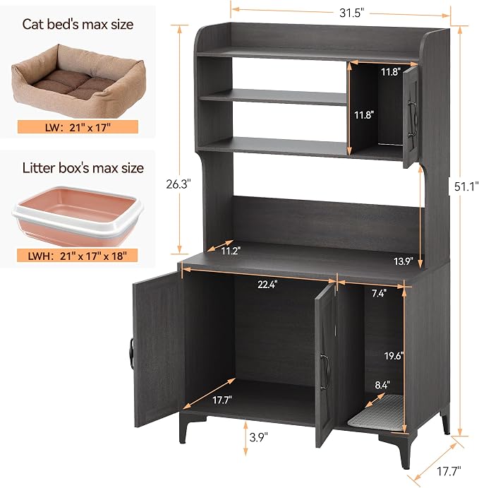 IDEALHOUSE Cat Litter Box Enclosure with Shelves and Doors,Wood Sturdy Hidden Litter Box Furniture,Indoor Cat House Furniture for Most of Litter Box,Litter Box Cabinet,Walnut Color - Image 5