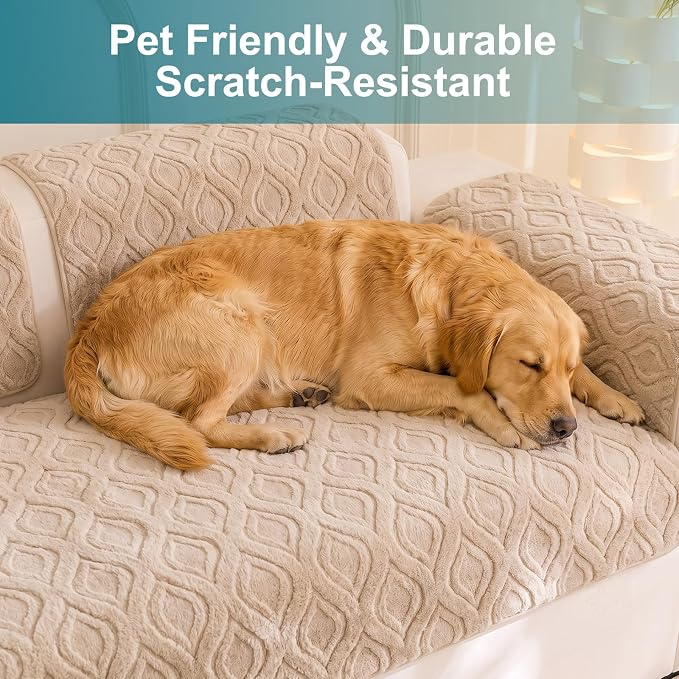 KRFOONN Couch Cover for Dogs Non Slip Washable Plush Sofa Protector Khaki | Pet Sofa Slipcovers for 3 Cushion Couch, Scratch Resistant, Boho Pet Covers for Couches & Sofas (35.5" x 71") - Image 2
