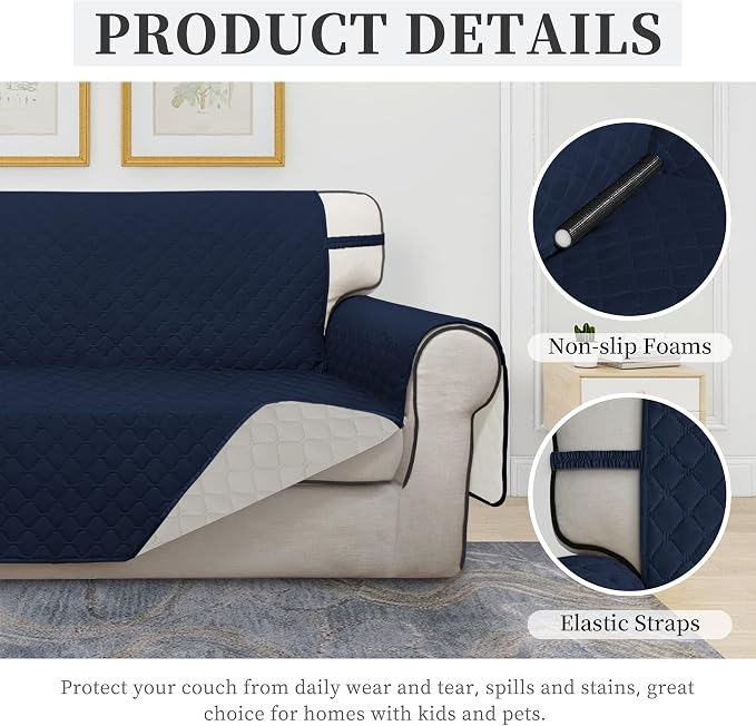 ISSUNTEX Double Protection 100% Waterproof Sofa Covers for Living Room, Couch Covers for 3 Cushion Couch Sofa, Reversible Furniture Protector Sofa Cover for Dogs, Pets, Kids (Sofa, Navy/Ivory) - Image 5