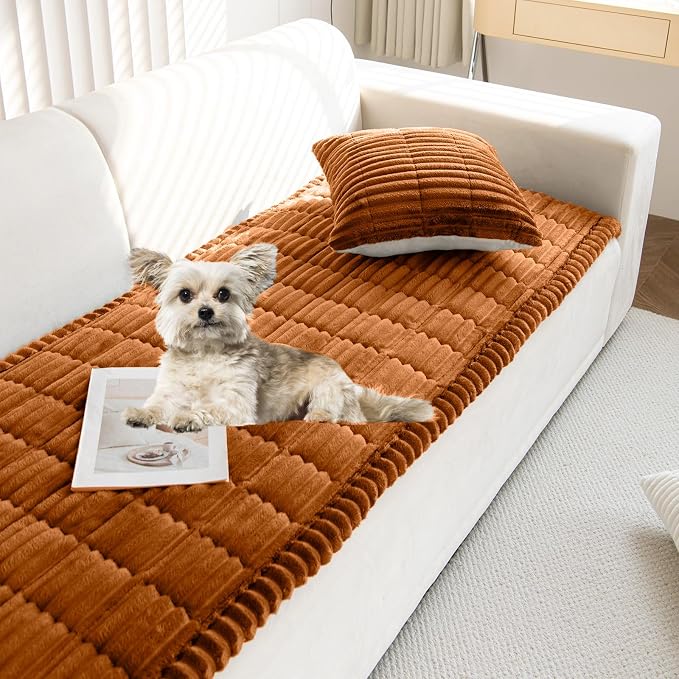 Faux Fur Plush Dog Couch Cover 3D Stripe Fuzzy Sofa Cover Non-Slip Fluffy Dog Bed Cover Pet Blanket Sofa Couch Furniture Protector for Puppy Large Dog Cat (Brown,28"x59") by WelcometoXSlive