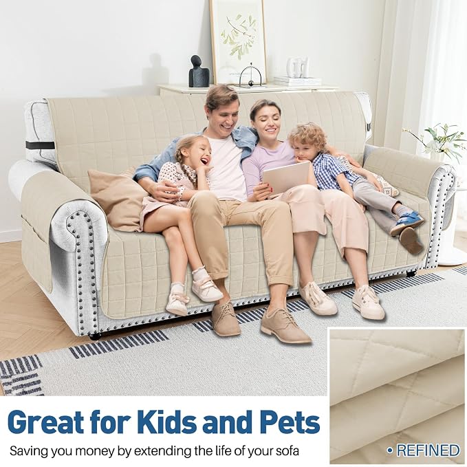MAXIJIN Waterproof Couch Covers for 3 Cushion Couch Sofa Pet Friendly, 69" Quilted Sofa Covers Washable Dog Couch Cover Protector with Elastic Strap & Side Pocket (Sofa, Beige) - Image 2
