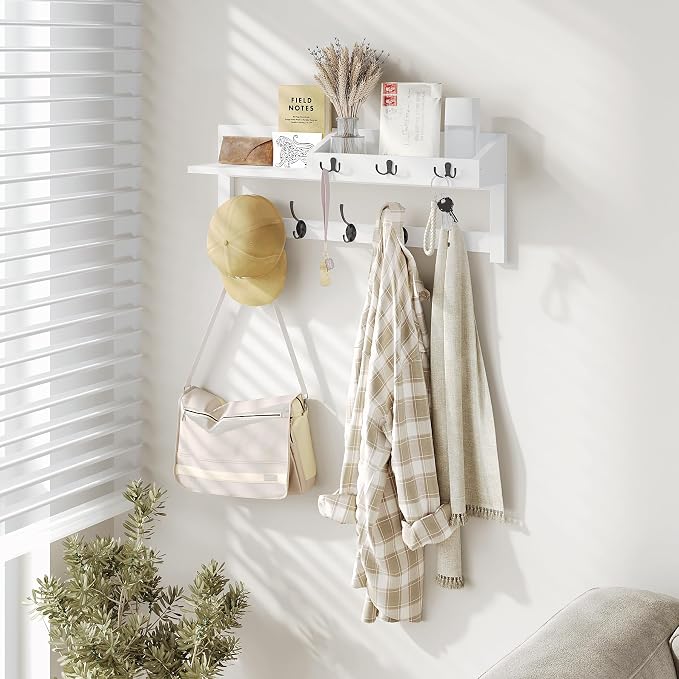 AMBIRD Wall Hooks with Shelf, 26.57 Inch Entryway Wood Coat Hooks for Wall, Coat Rack Wall Mount with 5 Dual Hooks 3 Key Hooks Mail Organizer and Key Rack Holder (White) - Image 3