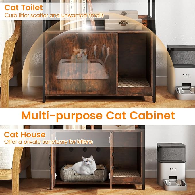 PETSITE Cat Litter Box Enclosure with Storage Shelves, 52 Inches Tall Hidden Litter Box with Charging Station, Scratching Board, and Winding Entry (Rustic Brown) - Image 6