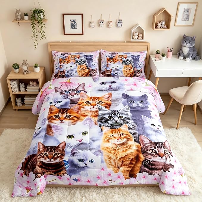Feelyou Kids Cartoon Toddler Bedding Set Cute Animal Flowers Comforter Set Boys Girls Pink Comforter Cat Decor Quilt Set with 1 Pillowcase 2Pcs Twin Bedding by Feelyou