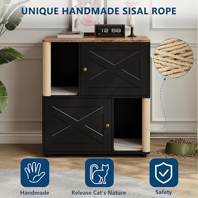 Litter Box Cabinet, Hidden Cat Litter Box Furniture with Dual Compartments, Odor Control & Scratch-Resistant Panels, Compact Enclosure for Multiple Cats, White Black Grey - Image 2