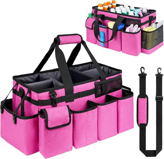 Cleaning Caddy Bag,Extra Large Cleaning Supplies Organizer with Handle for Housekeepers,Rose Red by ZIOZERTT