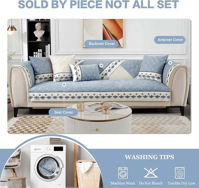 DREAMINGO Sofa Seat Cover, Washable Chenille Sofa Protector for Pets Kids, European Embroidery Jacquard 3 Cushion Couch Slipcover, Versatile Living Room Furniture Cover 35.4"x94.5", Blue - Image 5