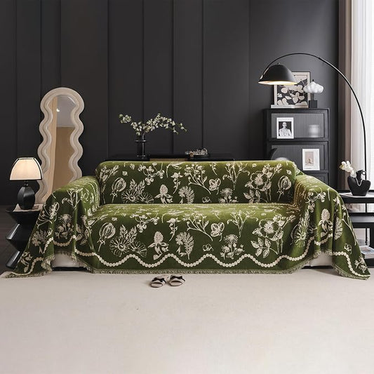 STACYPIK Green Botanical Floral Print Sofa Cover for Pets, Soft Jacquard Couch Cover for 3 Cushion Couch Washable, Tassels Couch Blanket Slipcover for Living Room, Non Silp Dog Sofa Protector-71X150IN by STACYPIK