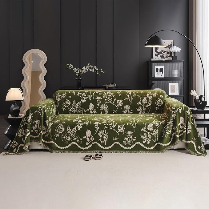 STACYPIK Green Botanical Floral Print Sofa Cover for Pets, Soft Jacquard Couch Cover for 3 Cushion Couch Washable, Tassels Couch Blanket Slipcover for Living Room, Non Silp Dog Sofa Protector-71X134IN by STACYPIK