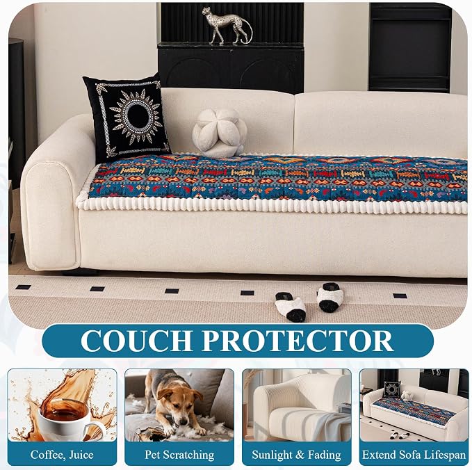 STACYPIK Blue Bohemian Jacquard Couch Cover for Pets, Thick Non Slip Sofa Cover for Loveseat, Washable Dog Furniture Protector for 3 Cuhsion Couch, L Shape Couch Cushion Cover Pets Mat Bed-27.6X82.7IN - Image 6