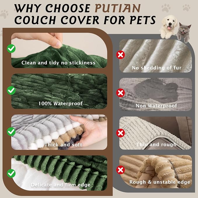 PuTian 100% Waterproof Fuzzy Couch Cover for Dogs Green 27.6"x59" | Pet Friendly Dog Mat for Couch, Waterproof Sofa Protector, Scratch Resistant Furniture Cover for Dogs, Machine Washable - Image 3