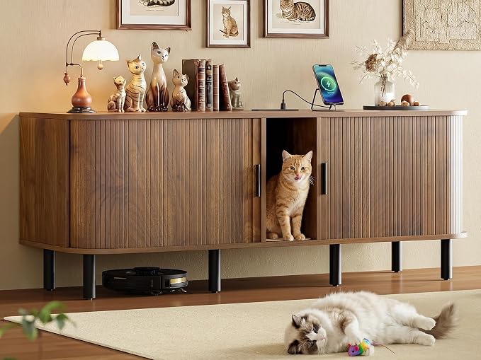 IRONCK 60" Double Cat Litter Box Enclosure with Power Outlet | Sliding tambour door. Built-in power outlet. 60" TV stand top. Walnut finish with 4.3" raised base. by IRONCK