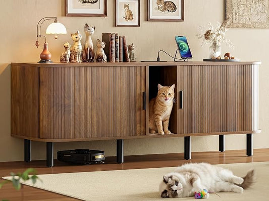 IRONCK 60" Double Cat Litter Box Enclosure with Power Outlet | Sliding tambour door. Built-in power outlet. 60" TV stand top. Walnut finish with 4.3" raised base. by IRONCK