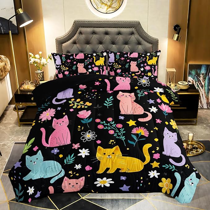 QOOMO Floral Cat Comforter Twin Size,Black Cats Bedding Set for Kids Teens Girls,3Pcs Bedding Set Printed Comforter with 2 Pillowcases,Down Alternative,Soft and Lightweight(Black，Twin Size) by QOOMOHOME