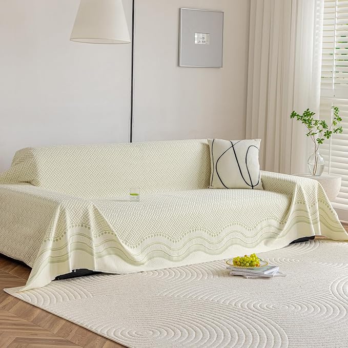 STACYPIK Cooling Ice Silk Sofa Cover for Pets, Geometric Jacquard Couch Cover for 2 Cushion Couch Washable, Boho Summer Loveseat Protector for Sectional, Versatile Throw Blanket, Light Green-71X118IN - Image 2