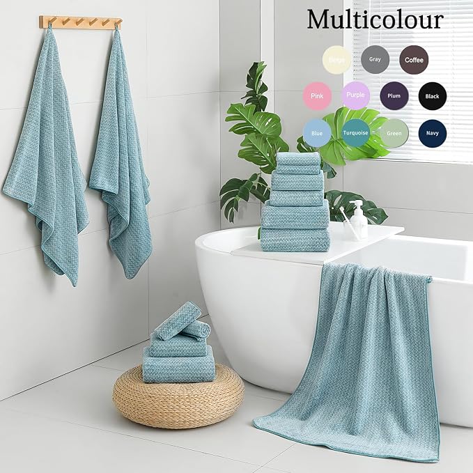 18 Piece Bath Towels Set,100% Microfiber Family Bathroom Towel with Hanging Loops-6 Bath Towels,6 Hand Towels,6 Washcloths,Quick Dry Highly Absorbent Shower Towel for Bathroom,Hotel,Spa-Turquoise - Image 5