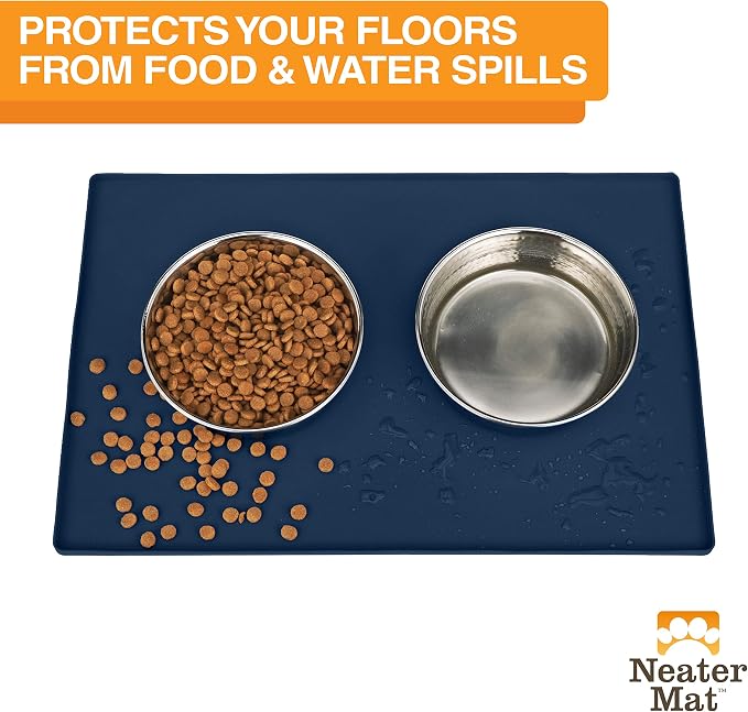 Neater Pet Brands Neater Mat Pet Mats for Food and Water, Cat & Dog Bowl Mat Waterproof Silicone, Feeding Tray, Dog Food Mats for Floors, Placemat w/Raised Edge for Under Bowls, 32" x 24", Dark Blue - Image 2