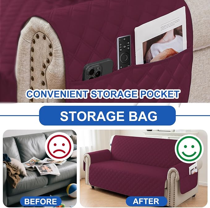 Waterproof Loveseat Covers for 2 Cushion Couch, Sofa Covers for Pets Washable with Side Pockets, Non Slip Couch Covers for Dogs, Dog Couch Cover with Elastic Straps (Loveseat, Burgundy) - Image 5