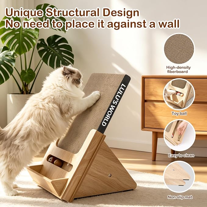 Lulu's World Cardboard Cat Scratcher with Wooden Stand, Freestanding Vertical Cat Scratching Board with Replaceable Double-Sided Scratch Pad, Ball Toy and Debris Tray for Indoor Cats,Long-termism - Image 5