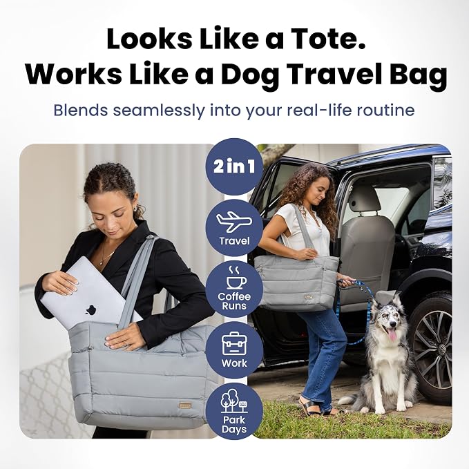 Rubyloo Puffer Dog Travel Bag for Dog Moms, Diaper Bag with Travel Bowls | 2 BPA-Free Collapsible Bowls, 2 Pet Food Containers, 9 Pockets, Everyday Puffer Bag Works With or Without Your Dog, Grey - Image 2