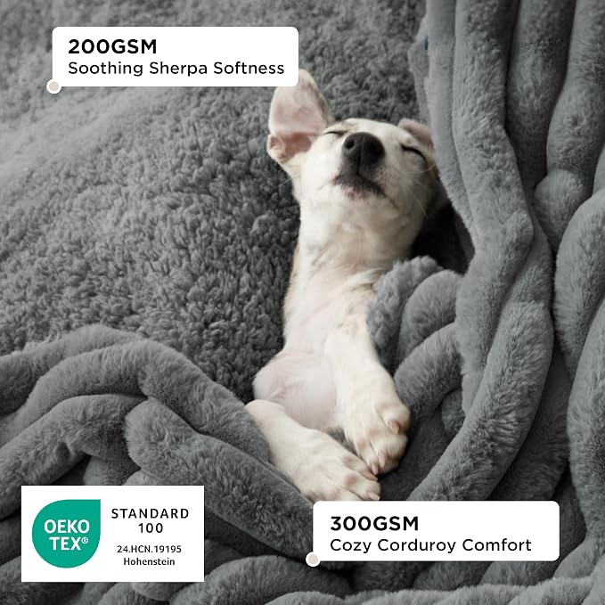 Bedsure ComfyFleece™ Waterproof Dog Blankets for Medium Dogs 30"x40" | Soft Plush Puppy Cat Blanket, Washable Corduroy Fleece,Cozy Calming Reversible Furniture Protector Indoor for Pet, Warm Grey - Image 2