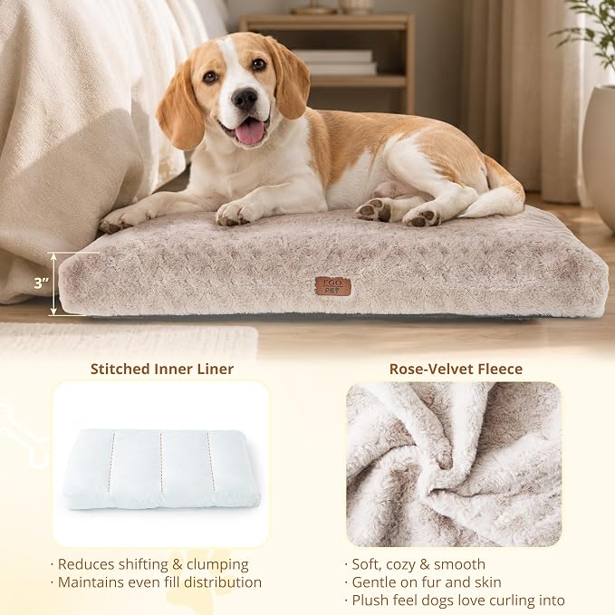 EGOHOME Dog Bed for Medium Dogs, Shredded Memory Foam, Washable, Non-Slip | Balanced Support Foam, CertiPUR-US, Removable Washable Cover, Rose Velvet, Dog Crate Bed & Kennel Pad, 29 x 21 Inch, Beige - Image 2