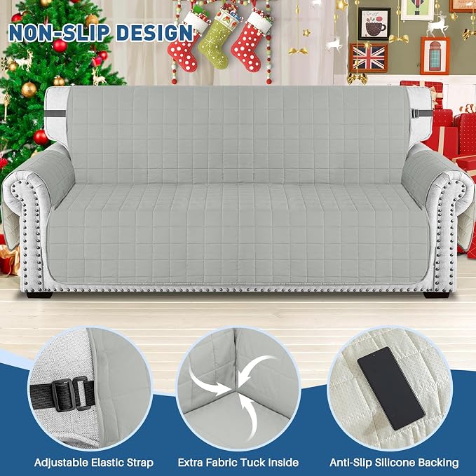 MAXIJIN Waterproof Couch Covers for 3 Cushion Couch Sofa Pet Friendly, 69" Quilted Sofa Covers Washable Dog Couch Cover Protector with Elastic Strap & Side Pocket (Sofa, Light Gray) - Image 4