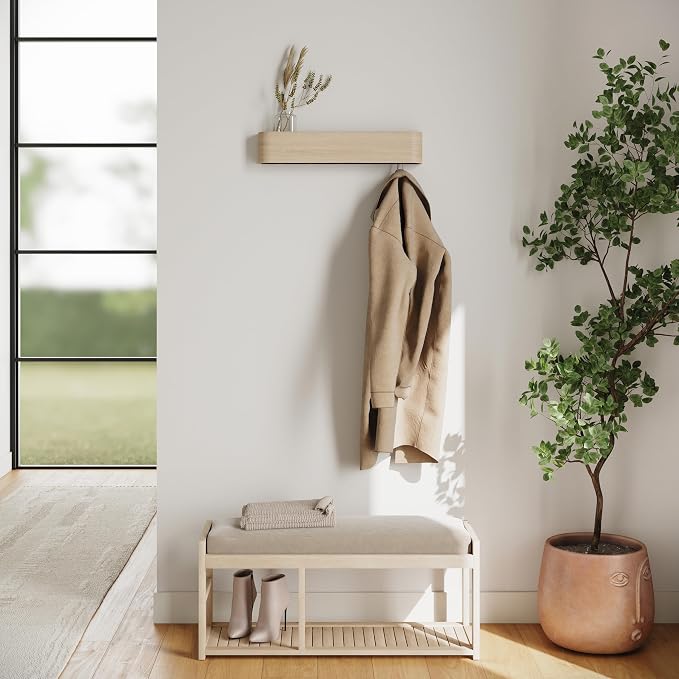 Kazai. Wall-Mounted Coat Rack 'Toke' - Modern Design Coat Rack with Hidden Wall Hooks - Solid Wood Veneer Panel Coat Hanger - Oak, White - Image 6