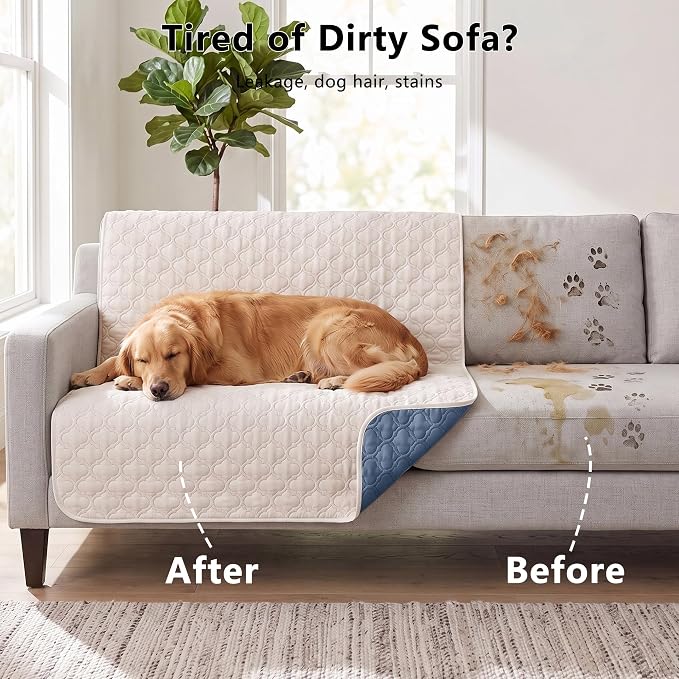 Waterproof Couch Cover - Washable Dog & Pet Furniture Protector | TPU Leak-Proof Liner, Microfiber Fabric, Lightweight & Reversible, Fits Sofa and Bed, 82" x 102" , Blue/Cream - Image 3