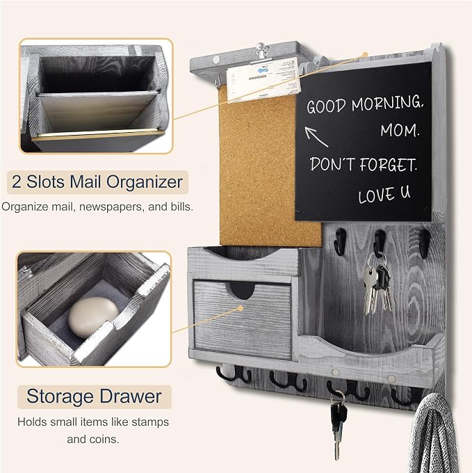Key Holder Wall Mount， Mail Organizer Key Holder for Wall with Shelf, Drawer, Chalkboard, Corkboard, Home Decor Wall Mounted for Room Entryway(Grey) - Image 6