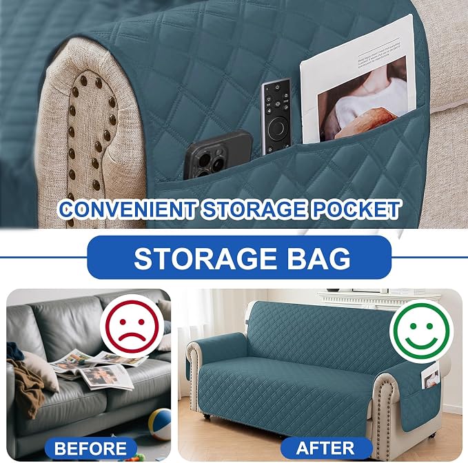 Waterproof Couch Cover for Pets, Sofa Covers for 3 Cushion Couch Washable, Non Slip Couch Covers for Dogs with Side Pockets Elastic Straps, Quilted Couch Covers for Sofa (Sofa, Dark Green) - Image 5