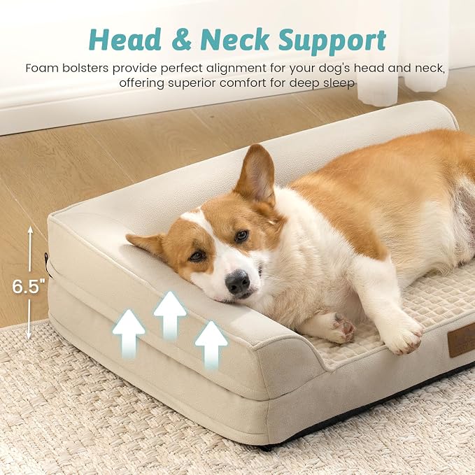 COZY KISS Orthopedic Dog Bed for Large Medium Size Dog, Dogs Crate Bed, L Shaped Foam Anti-Slip Bottom Pet Cat Sofa with Washable Removable Cover, Suitable for Pet Up to 75 lbs, 36x27x6.5 inch, Beige - Image 4