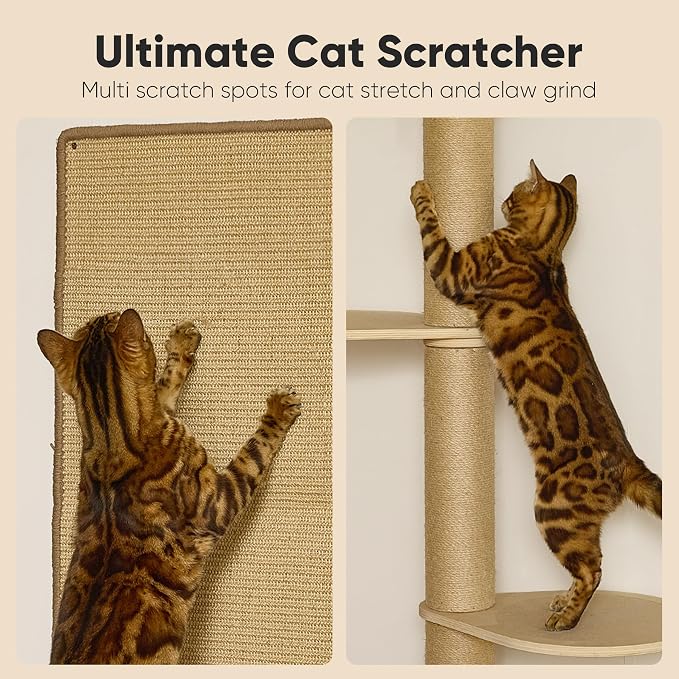 FUKUMARU Cat Wall Shelves, 4 in 1 Set, Beige | Stable Wooden Wall-Mounted Furniture Set, Climbing Tree with Hammock, Bed, Perch and Scratching Mat - Image 4