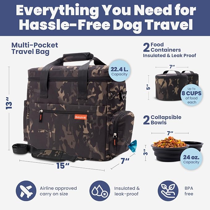 Rubyloo Original Doggy Bag™ Dog Travel Bag for Supplies with Travel Bowls | 2 BPA-Free Collapsible Bowls, 2 Pet Food Containers, TSA-Ready, Road Trips, Camping, Weekend Getaways, Doggy Gift, Camo - Image 3