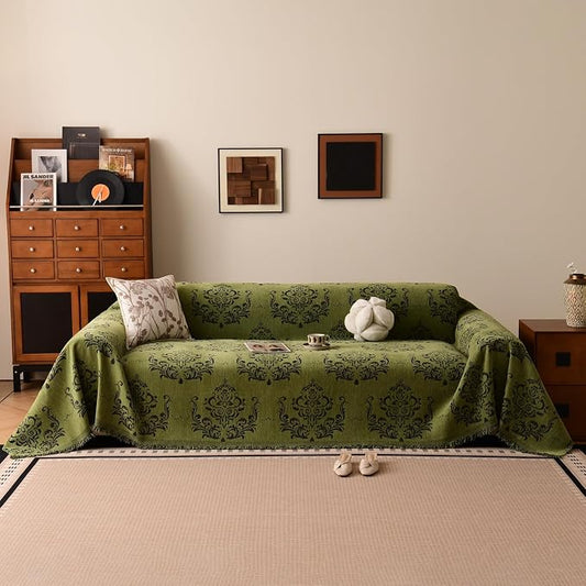 STACYPIK Vintage Floral Sofa Cover, Soft Reversible Couch Cover for Dogs | 71x118IN, Green, Tassels, Tear Resistant, Pet Friendly, 2 Cushion Couch/Loveseat, Versatile Jacquard Chenille Couch Protector by STACYPIK