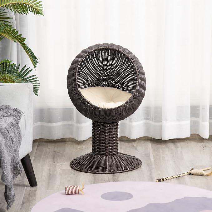 PawHut Elevated Cat Bed with Rotatable Egg Chair Pod, Cat Basket Bed with Thick Cushion, Natural Mat Grass Woven Kitty House, Coffee | Cat Basket Bed, Natural Mat Grass Woven Kitty House - Image 8
