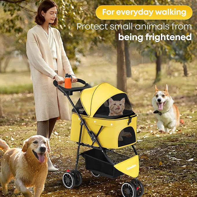 Pet Stroller,Dog Stroller for Small Medium Dogs Cats,3 Wheels,Foldable,with Breathable Mesh Canopy,Cup Holders,Easy Assembly,Yellow