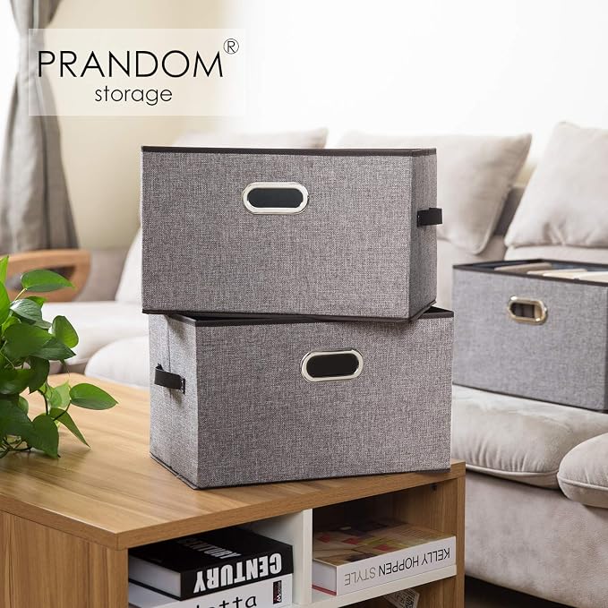 PRANDOM Larger Collapsible Storage Bins for Closet [5-pack] Decorative Linen Fabric Storage Baskets Cubes with Leather/Metal Handles for Living Room Grey (17.3x12.2x10.4 Inch) - Image 2