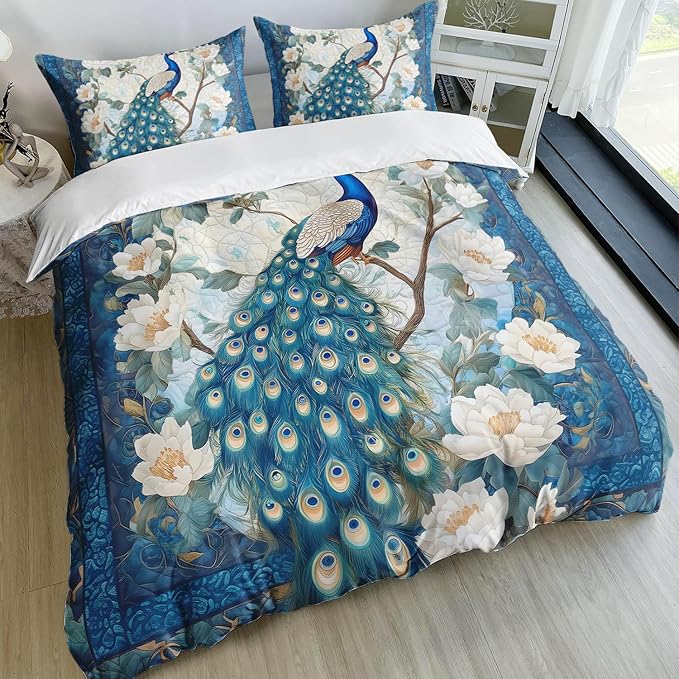AILONEN Blue Peacock Duvet Cover Set,Floral Bedding Set Animal Feather for Girls,Women King Size,Victorian Style Flower Birds Comforter Cover,3-Piece, 1 Quilt Cover and 2 Pillowcases - Image 2