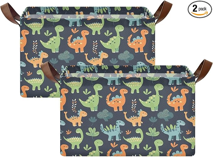 Sage Green Dinosaur Orange Black Baby Storage Basket with Labels&Handles Rectangular Waterproof Nursery Storage Bins Collapsible Shelf Organizer Baskets for Kids Books Cloth Gift Toys Laundry, 2 Pack by Unknown