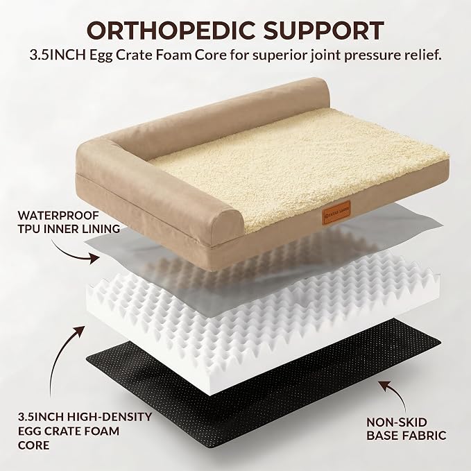 Patas Lague Orthopedic Large Dog Bed Pet Sofa Beds 36''X24'' Beige | L Bolster Egg-Crate Foam Dog Couch For Large Sized Dogs, Waterproof Removable Washable Cover, Pet Mat with Nonskid Bottom - Image 4