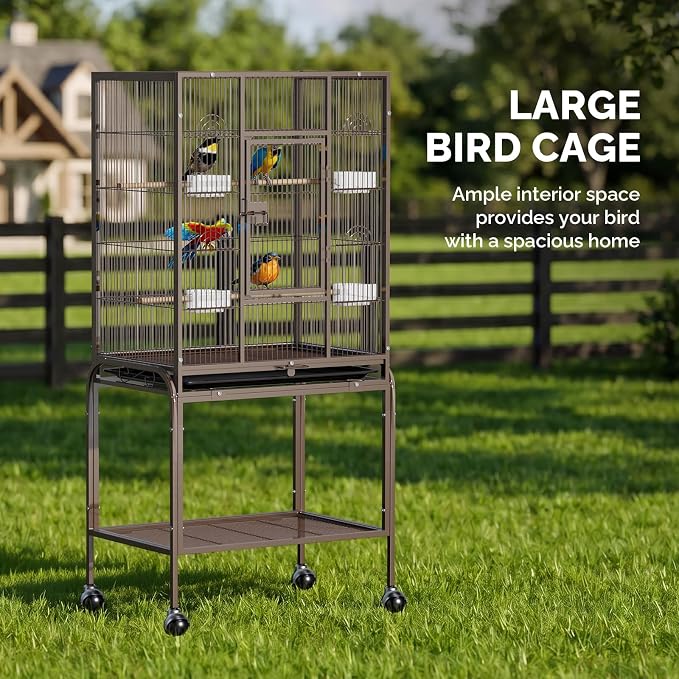 VINGLI 53-inch Bird Cage with Wheels, Durable Wrought Iron Parakeet Cage with Slide Out Tray, Black Bird Cages for Parakeets/Lovebird/Cockatiels/Budgies and Other Small/Medium Birds (Brown, 53 inch) - Image 6